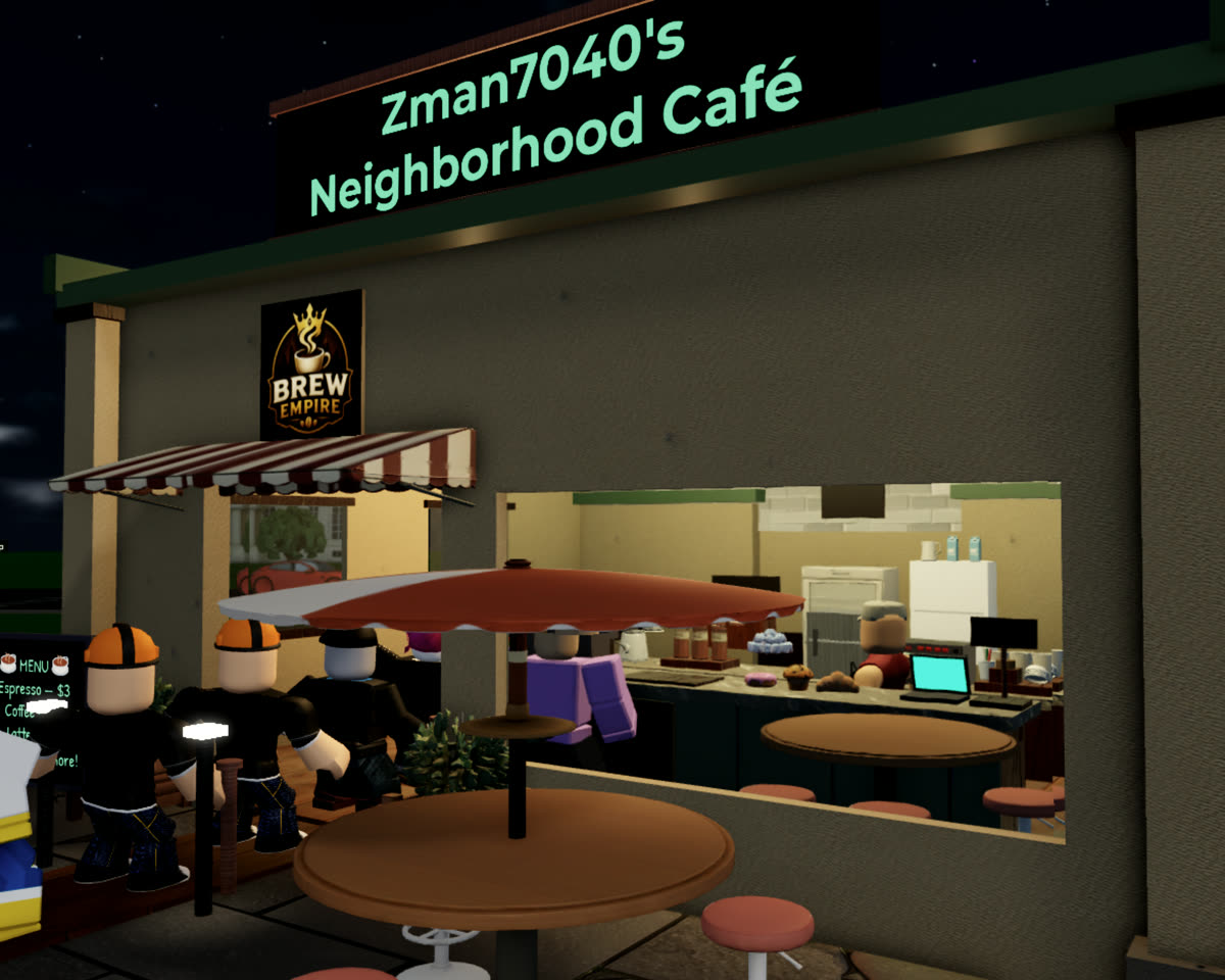 Brew Empire — a cozy café glowing at night