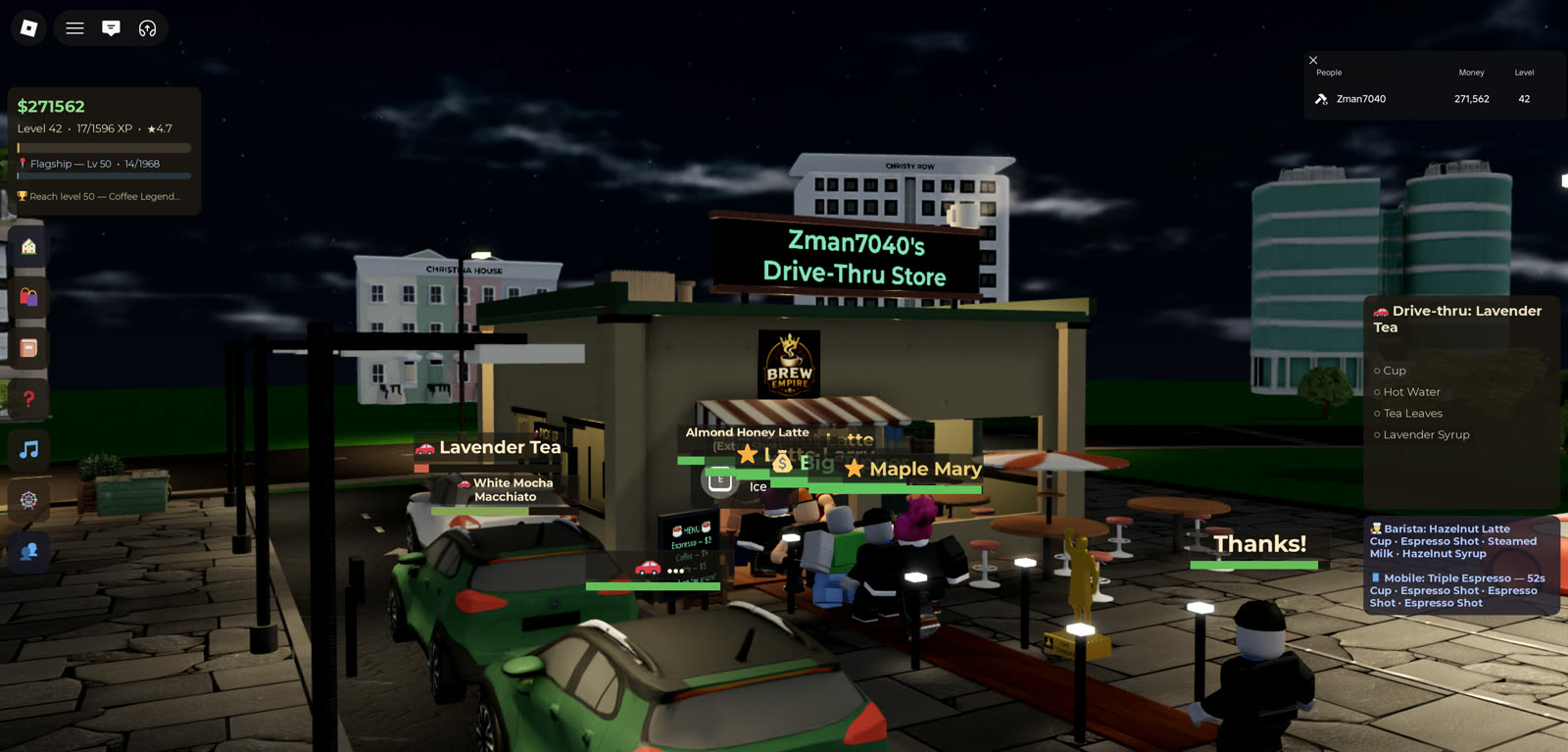 Three cars queued in the drive-thru lane at night under the neon Drive-Thru Store sign