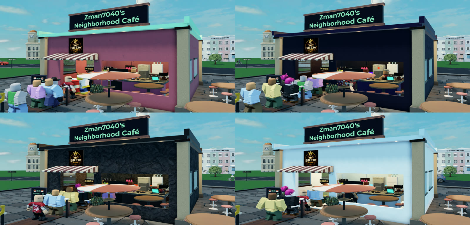 The same café by day in four skins: Candy, Galaxy, Lava, and Ice